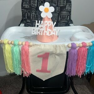 1st birthday high chair banner and happy birthday hat